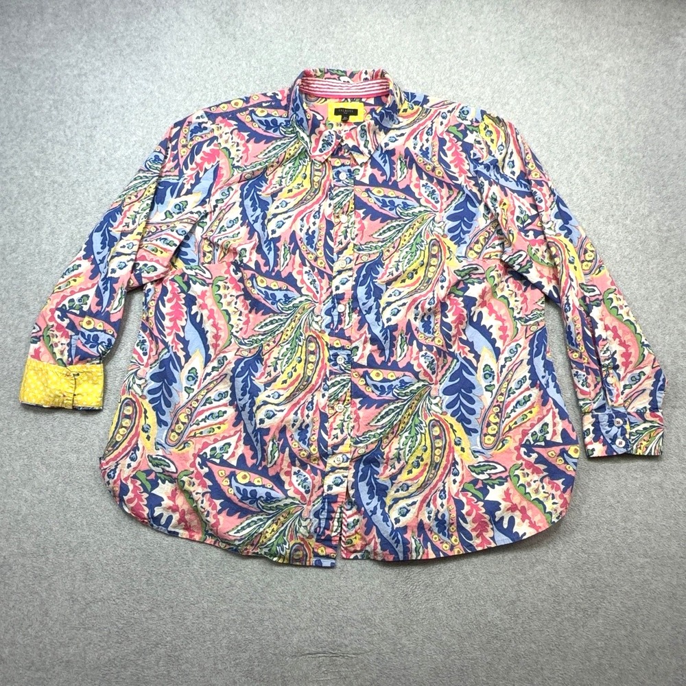 Talbots Shirt Womens 2X Plus Pink Blue Paisley Long Sleeve Button Top Cotton